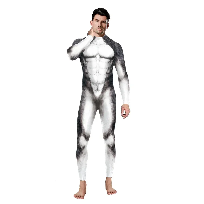 Animale divertente Husky Volpe Lupo Stampato Costume Cosplay 3D Zentai Abiti Halloween Party Tuta per adulti Tute maschili Abiti