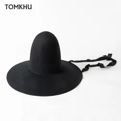 European American Retro Personality Stage Performance Fashion Black Wool Fedora Hat For Women Men Big Wide Brim Magic Felt Hats