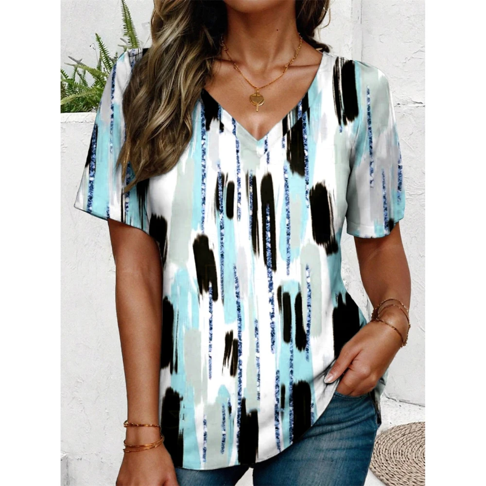 

Vintage Women's T-Shirt Casual Plaid Pattern Printed Fashion Short Sleeved V-Neck Regular Tops Prints Tee Summer Casual Top