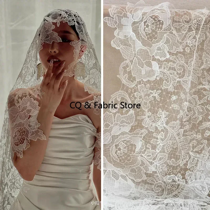 

Off White Embroidered Lace Fabric for Wedding Gown, Veil Lace Caps Designer Fabric By The Yard