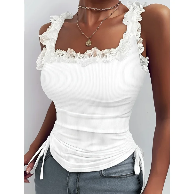 

Lace-Trimmed Side Drawstring Square-Neck Top