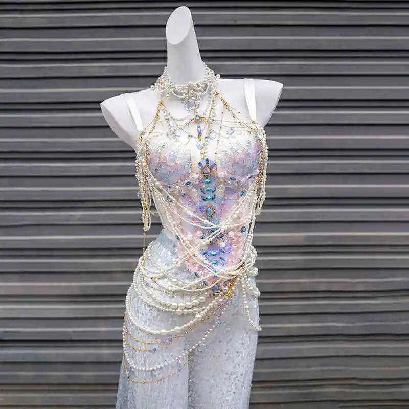 Women Mermaid Sequined Pearl Bra Dress Electric Syllable Sexy Performance Clothing Girl Night Club Bar Performance Suit