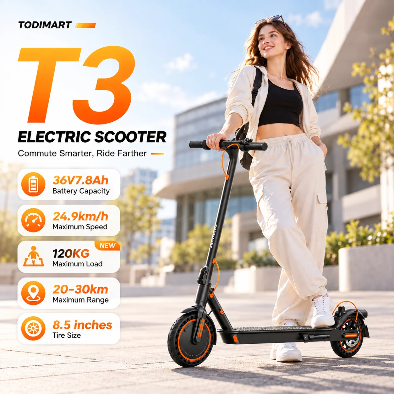 TODIMART T3: patinete eléctrico para adultos, con una autonomía de 25 a 30 km, velocidad máxima de 24,99 km/h, diseño plegable, control mediante aplicación, neumáticos sólidos de 8,5 pulgadas con estructura de panal y doble sistema de frenos. Patinete eléctrico para adultos, ideal para desplazamientos urbanos.