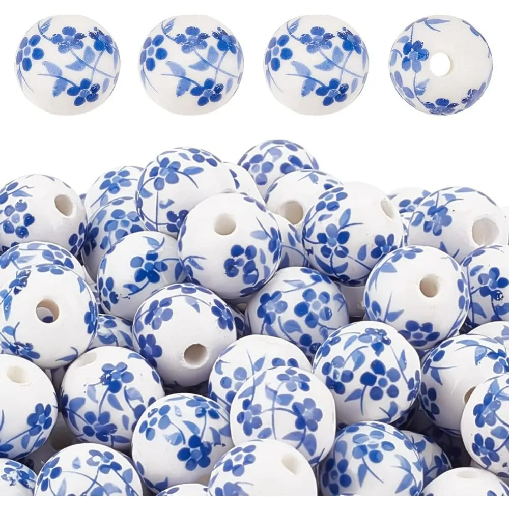 200pcs 12mm Round Porcelain Beads Ceramic Loose Handmade Porcelain Printed Round Spacer Beads for DIY Jewelry