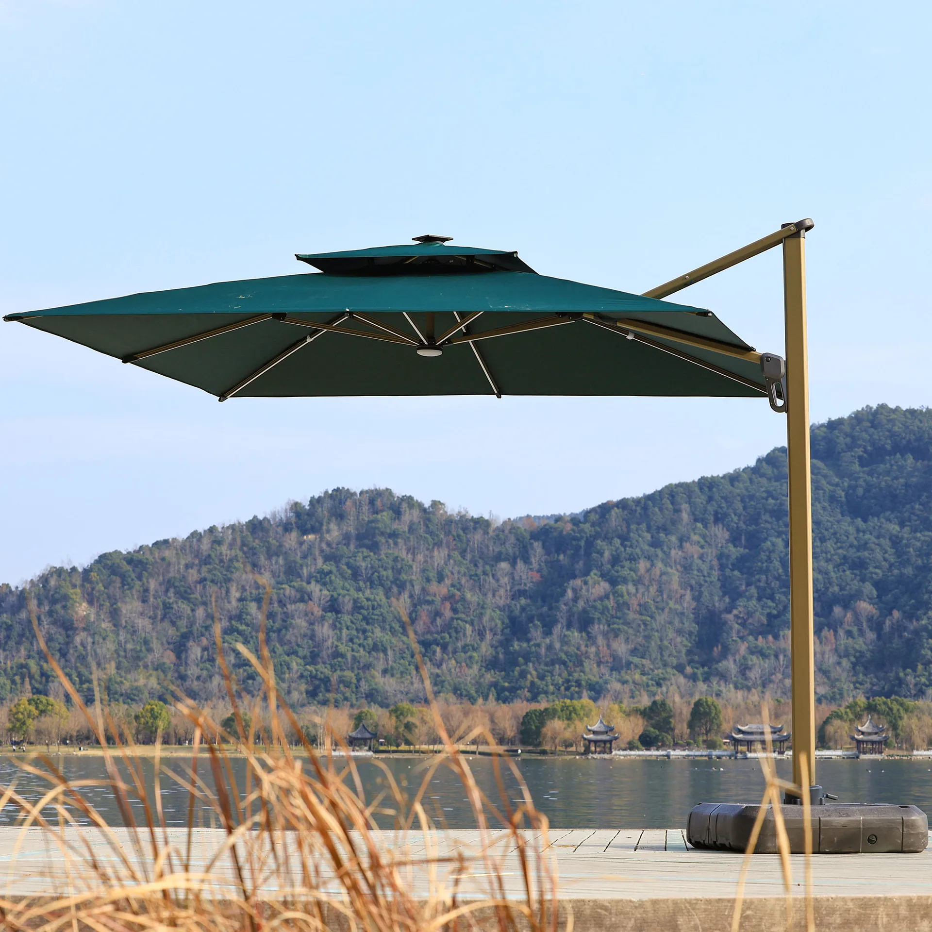 Outdoor Offset Patio Umbrella Heavy Duty Double Rib Roman Parasol With Solar Light Large Sun Shade Canopy for Awning