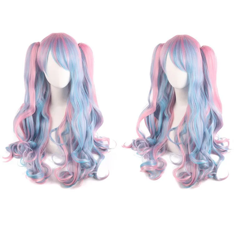 Pelucas de Cosplay de Anime, peluca de cola de caballo doble desmontable para niña, pelo largo y rizado de Lolita, accesorios para disfraz de Halloween, pelo sintético