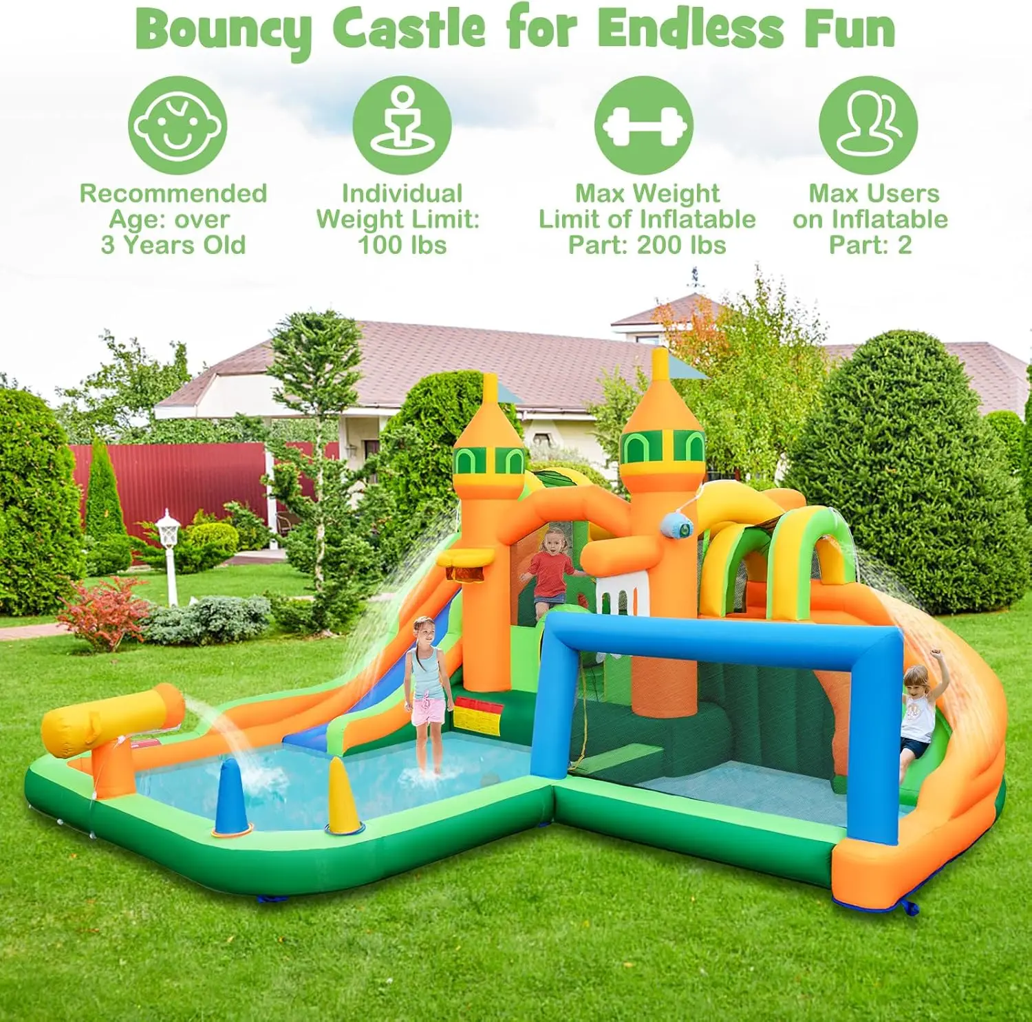 Nadmuchiwana zjeżdżalnia wodna, 9 w 1 zjeżdżalnia wodna Bounce House z podwójnymi zjeżdżalniami, basen plusk, ściana wspinaczkowa, bramka do piłki nożnej, woda Sli