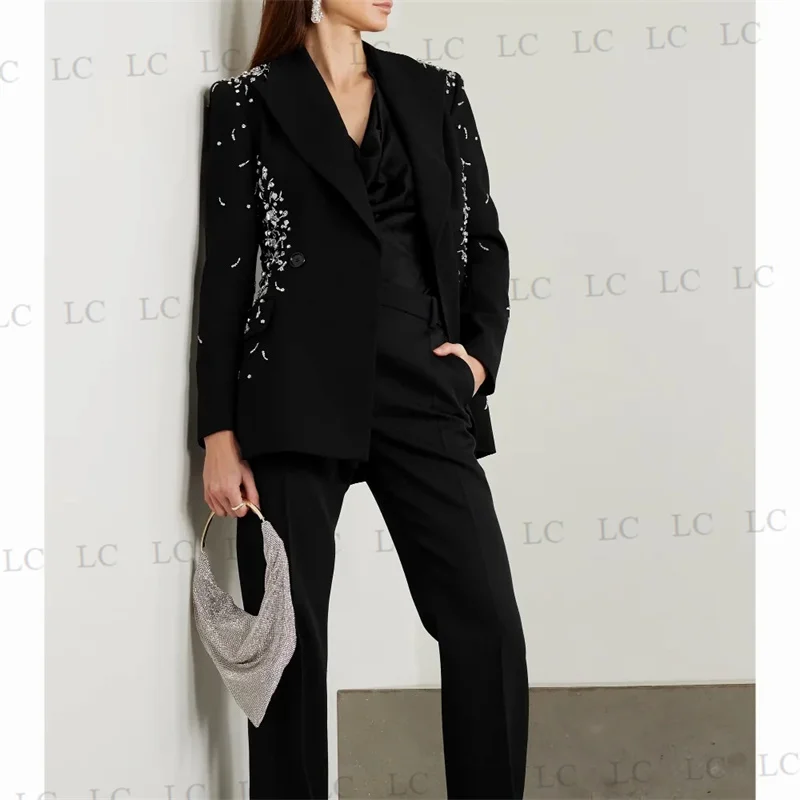 موضة التلبيب جميع النساء السود الدعاوى 2 قطعة السترة السراويل الخرز سليم صالح زر واحد حجم كبير مخصص أم العروس