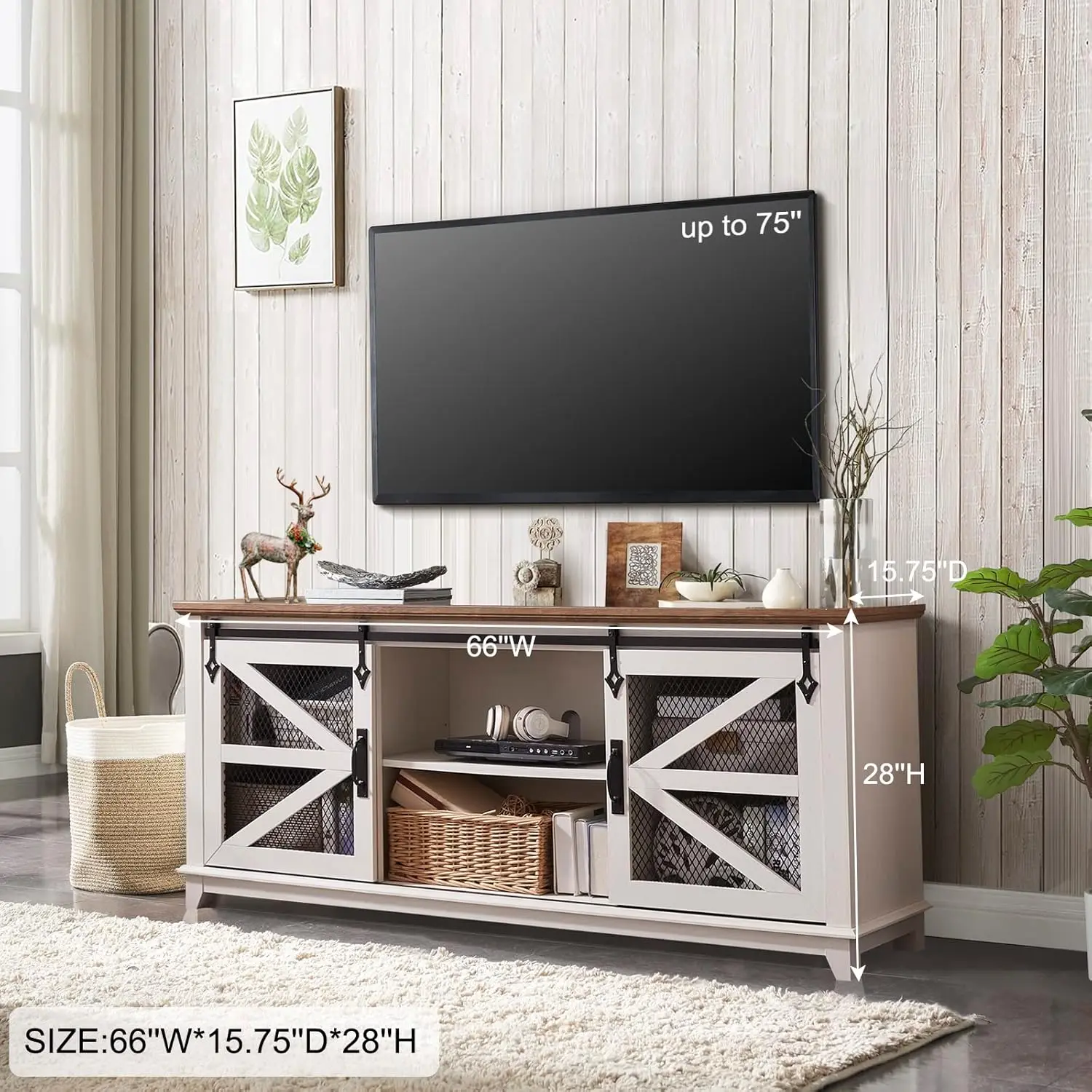 Farmhouse TV Stand for 75 Inch TV, Industrial & Farmhouse Media Entertainment Center w/Sliding Barn Door, Rustic