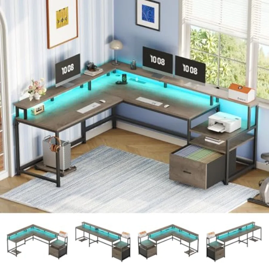 66 Reversible L Shaped Computer Desk with Power Outlet and File Drawer, engineered wood, white, space-saving dual-sided design