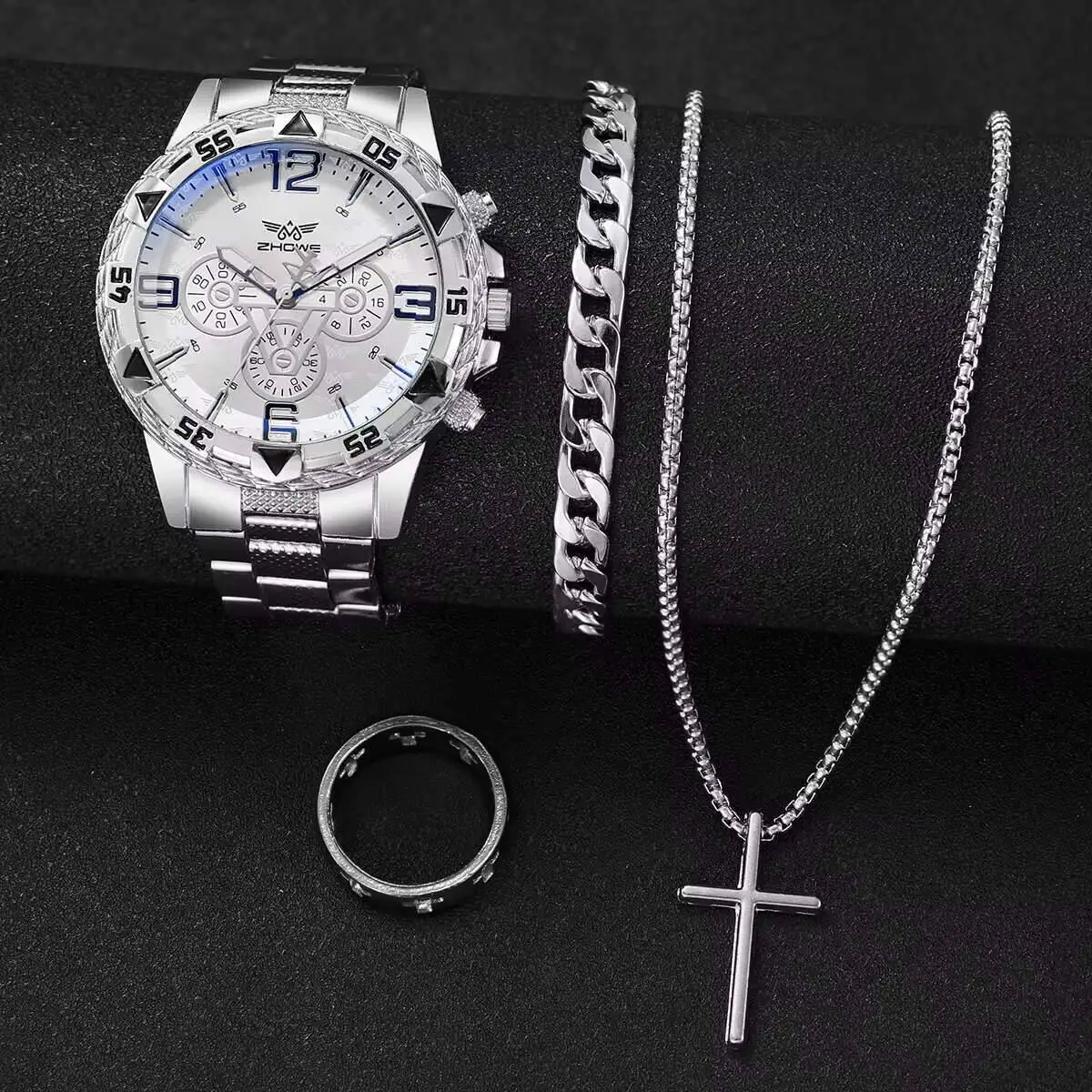 4PCS Fashion Business Men Watches Large Dial Male's Analog Quartz Watch Clock Jewelry Set Reloj Hombre（Without Box）