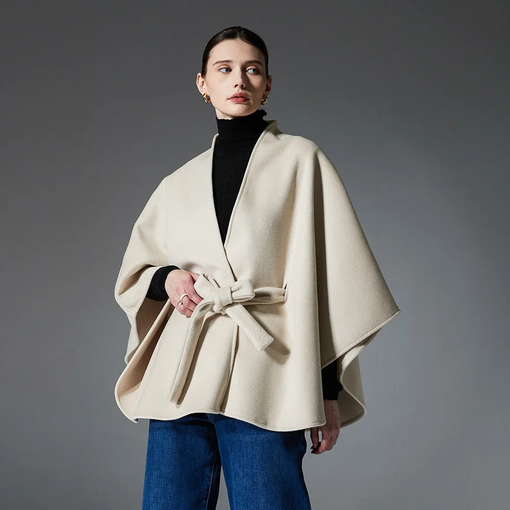 

Stylish Designer Double Sides Woolen Cape Coat Women Autumn Winter Belt Loose Slim Surcoat Cloak Elegant Outerwear Versatile