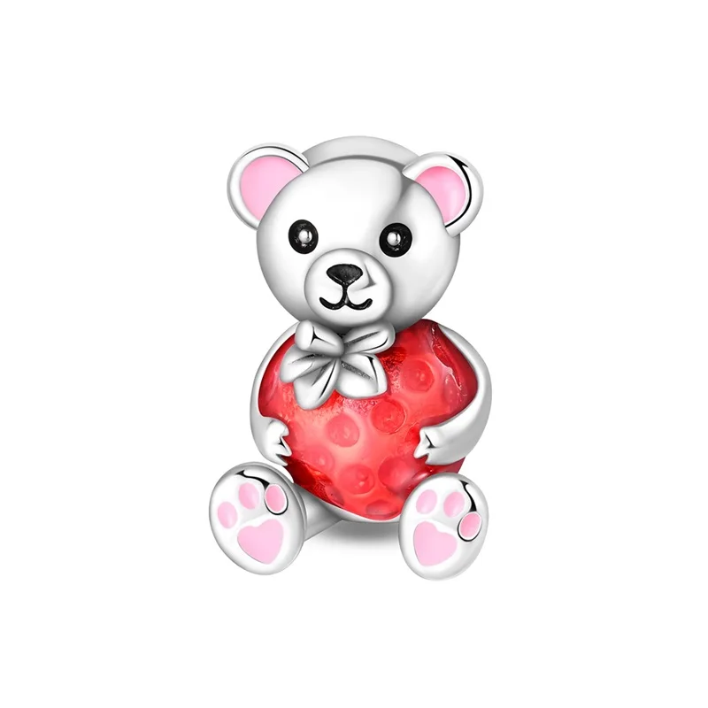 

New 925 Sterling Silver Little Bear Strawberry Charms Beads For Women Fit Original Bracelet DIY Birthday Party Jewelry Gifts