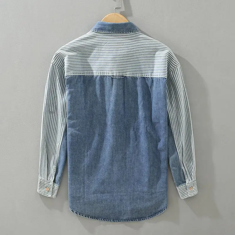 Męska koszula dżinsowa w pionowe paski, oddychająca, odprowadzająca wilgoć, bawełniana, na wiosnę, lato i jesień, z kontrastowymi wstawkami, casualowa...
