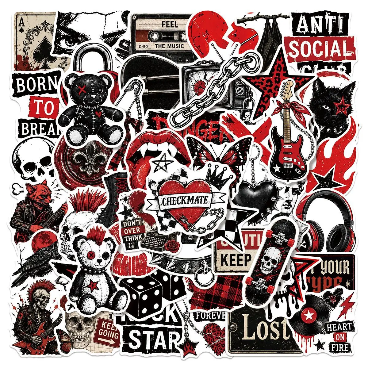 50PCS Dark Gothic Skull Graffiti Stickers, Black Red Waterproof Decals for Skateboard Laptop Helmet Suitcase, Trendy Decor Gift