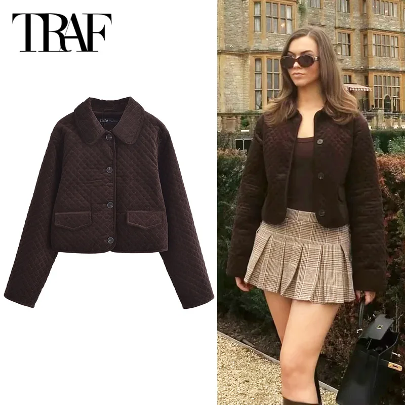 

TRAF Women's Warm Winter Quilted Jacket 2024 Autumn Corduroy Long Sleeve Coat Demi-Season Padded Short Parkas New In Outerwears