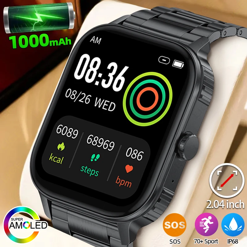 

Смарт-часы для мужчин и женщин, аккумулятор 1000 мАч, 2,04 дюйма, спортивный фитнес, Bluetooth-вызов/сделайте звонки, 3 атм, водонепроницаемый монитор сердечного ритма, сна