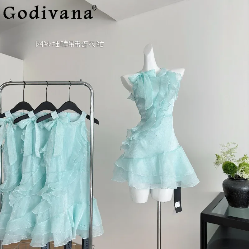 

Green Rhinestone Ruffle Mesh Dress for Women Summer French Style Halter Strap Dress Female Sleeveless Lolita Sweet Dress