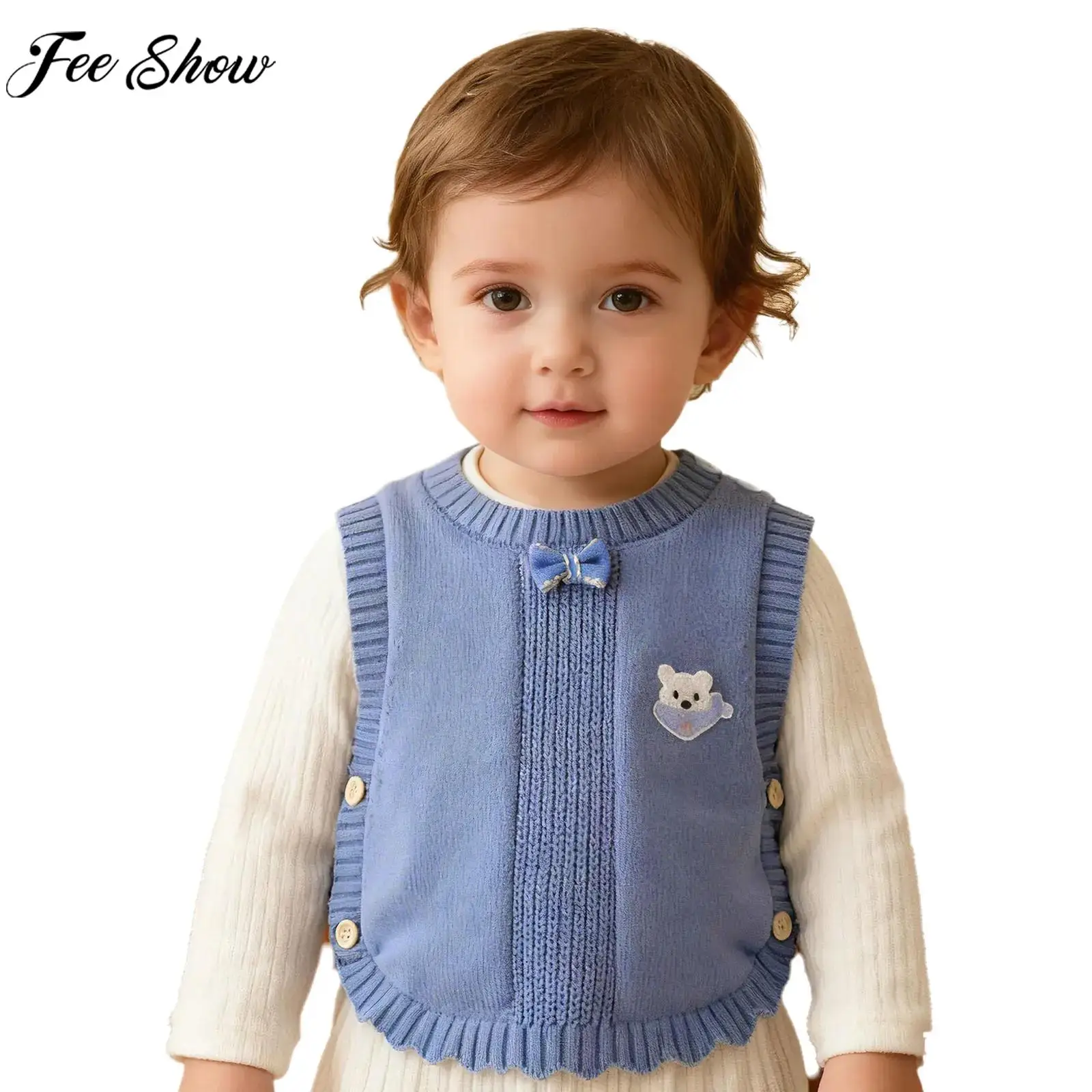 

Свитер для малышей, жилет в консервативном стиле, студенческая форма, милый медведь, бант, пуговицы, вязаный жилет, трикотаж для повседневной школьной вечеринки