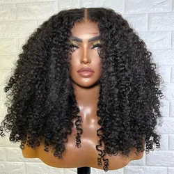 Natural Black Long 24Inch 180Density Soft Glueless Kinky Curly Lace Front Wig For Women With Baby Hair  Preplucked Synthetic