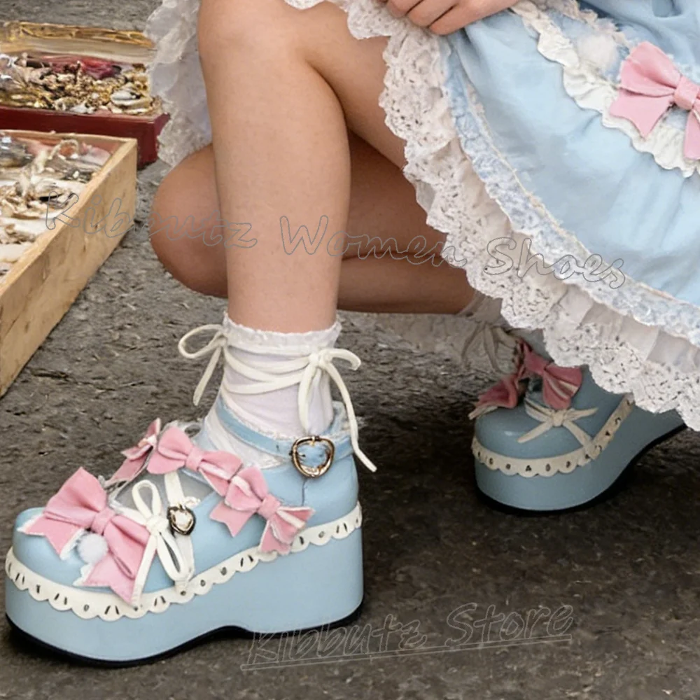 

Туфли-лодочки Мэри Джейн на платформе с бантом, лоскутным узором, круглым носком, на танкетке, с пряжкой, из разноцветной кожи, модные, роскошные, лаконичные