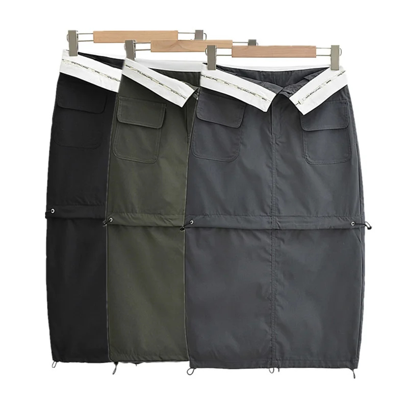 American Retro Two-Way Wearable Detachable A-Line  Skirt High Waist Street Sle Pure Color Versatile for ort Women