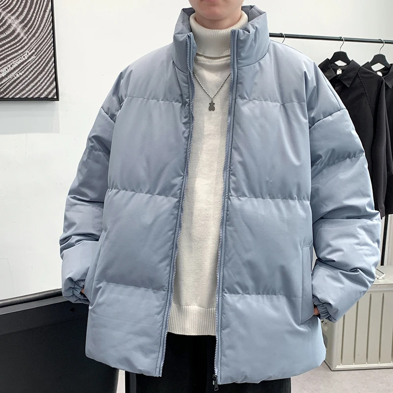 Jaqueta de parka monocromática com gola alta masculina, manga comprida, bolsos com zíper, casacos grossos soltos, moda casual, nova, outono, inverno, 2023