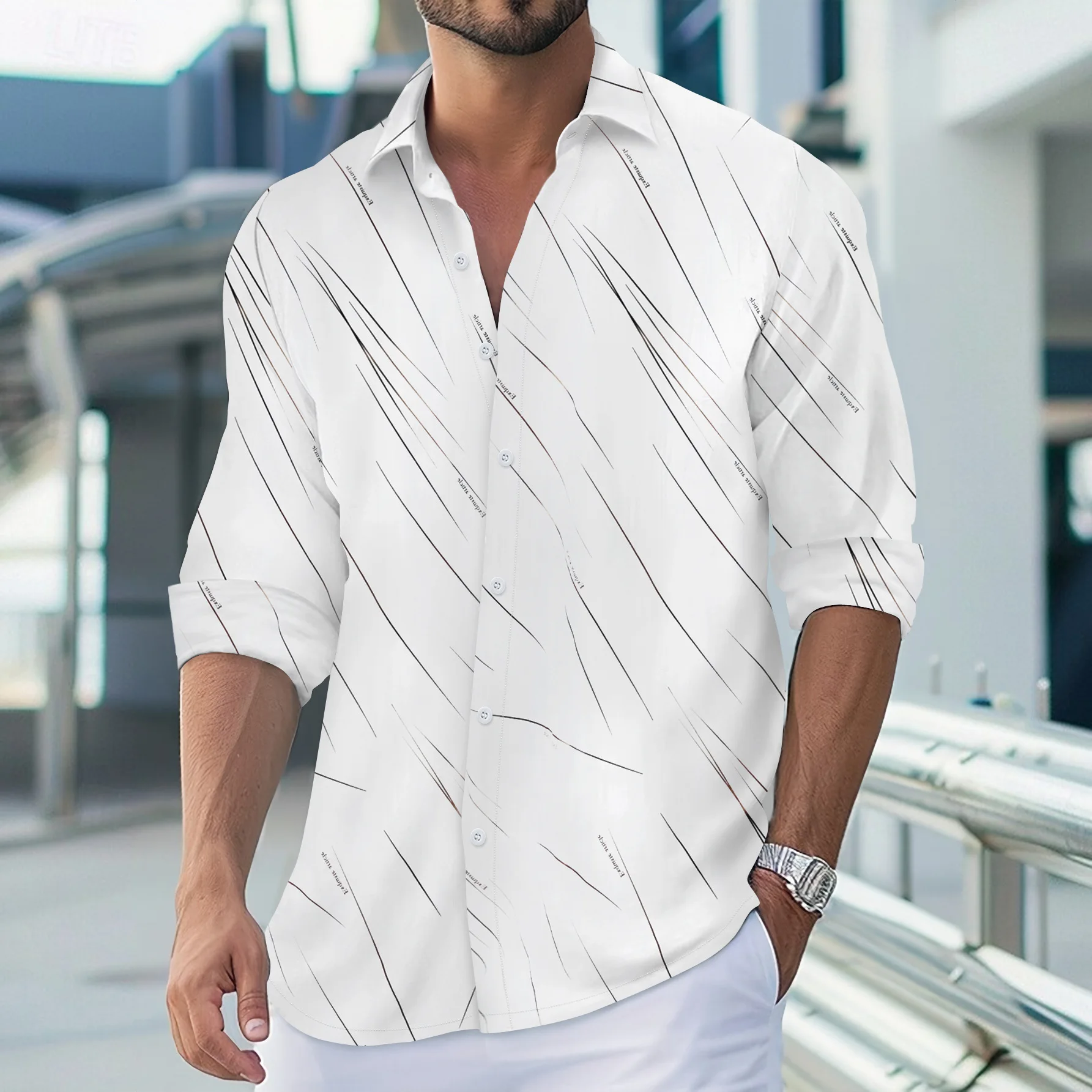 

Business man's fashionable new style outdoor street casual striped print comfortable long-sleeved shirt for spring and autumn