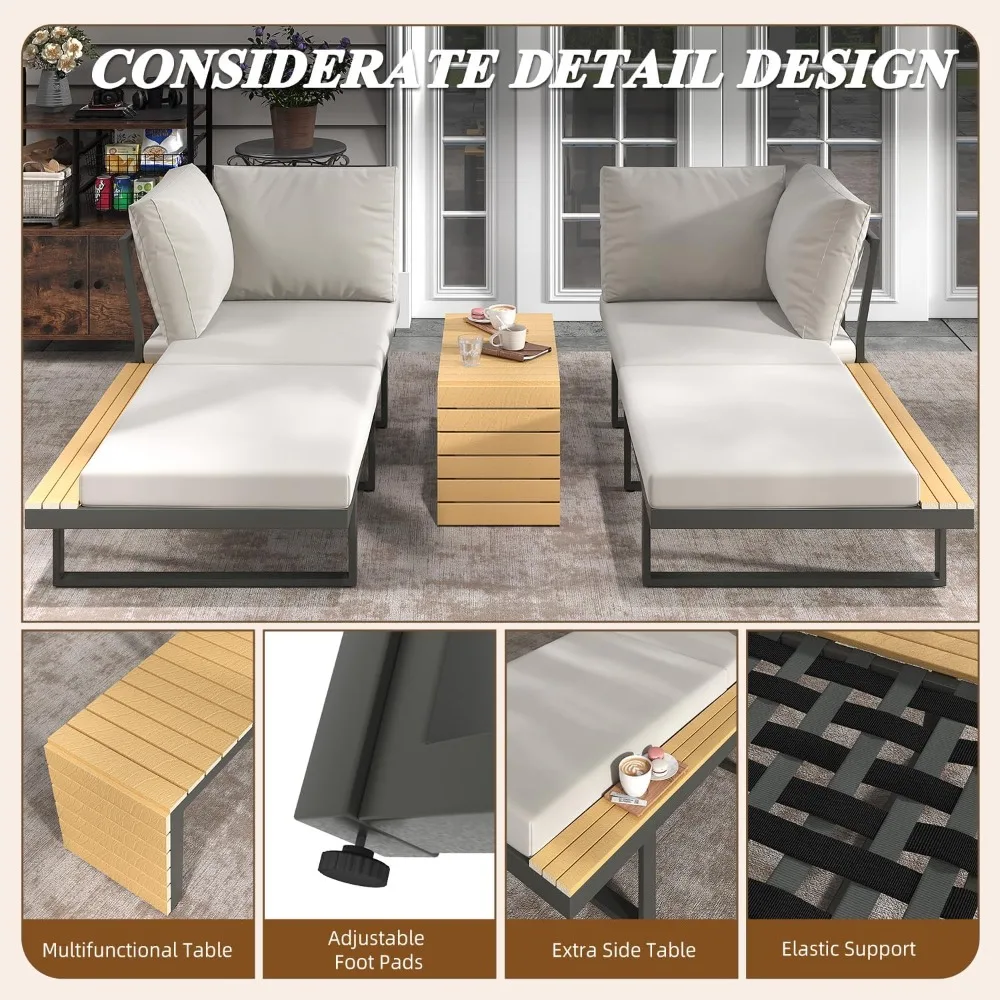 Juego de sofá cama exterior moderno gris de 3 piezas con mesa de centro y sofá seccional