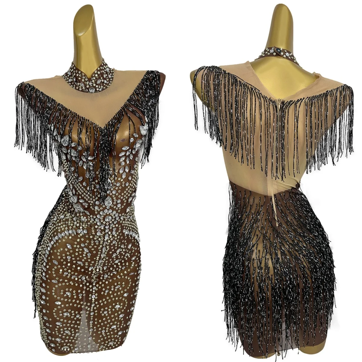 

Black See Through Mesh Bodycon Mini Dress Tassel Sexy Women Couture Nightclub Birthday Celebrate Party Photo Shoot Wear Tuyang