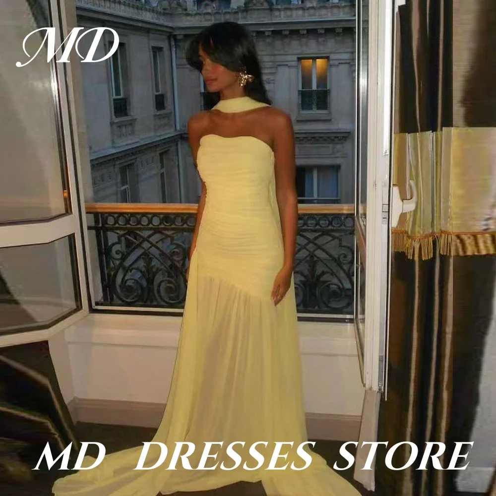 

MD Elegant Light yellow Evening Gown Dress Sleeveless Draped Mopping Length Strapless Formal Dress Vestidos de fiesta customised