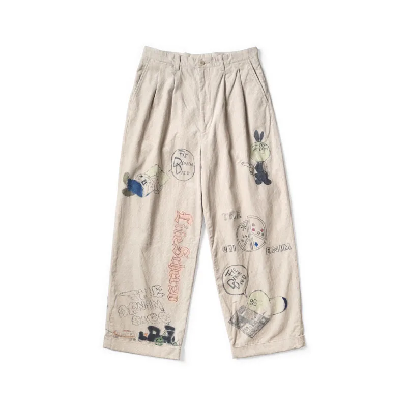 

25AW KAPITAL Hirata and Hongri Retro Corduroy Washed Outdated Fun Printed Casual Capri Pants for Men New Arrival