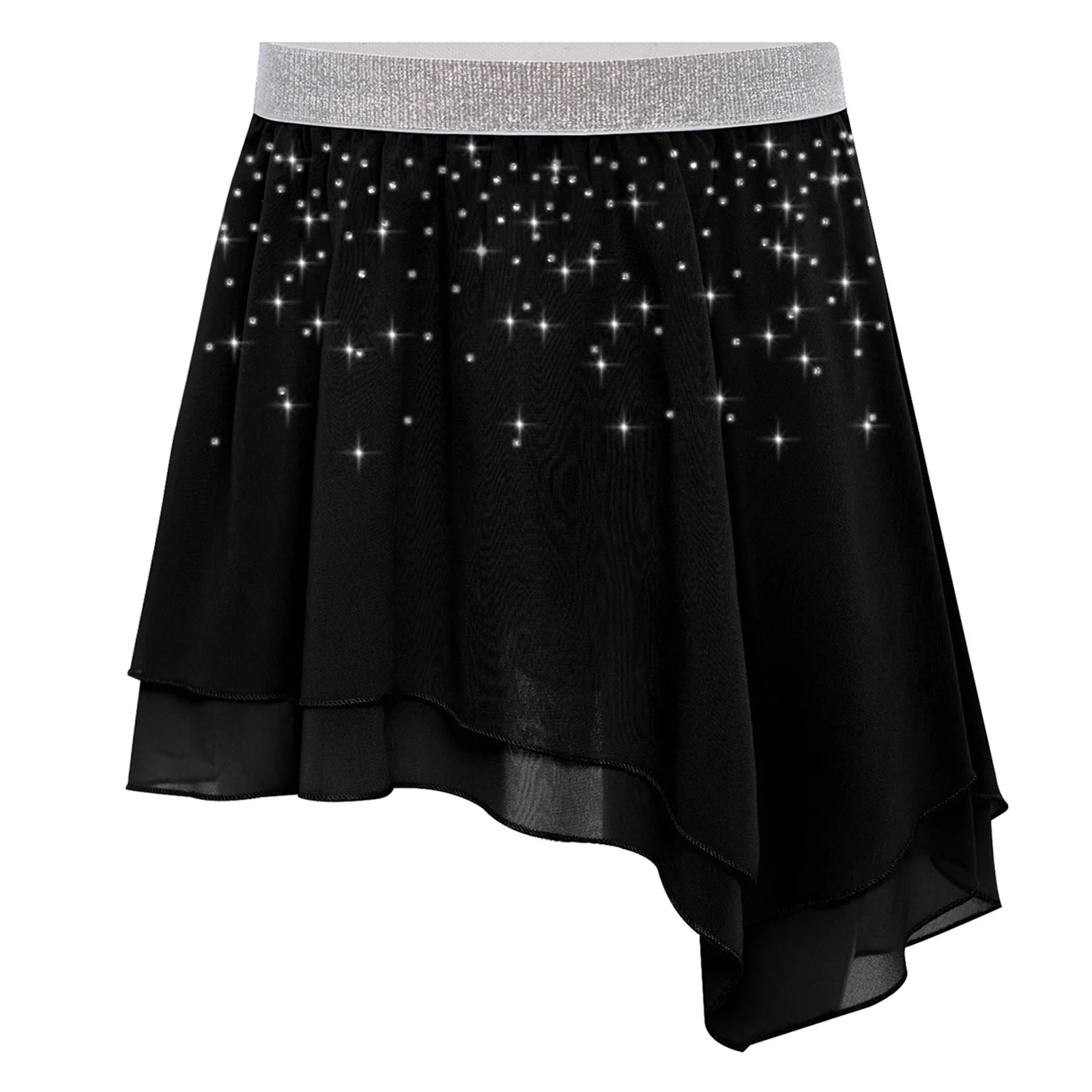 

Kids Girls Ballet Skirts Elastic Waistband Shiny Rhinestones Asymmetrical Chiffon Skirt for Ballet Dance Practice Performance