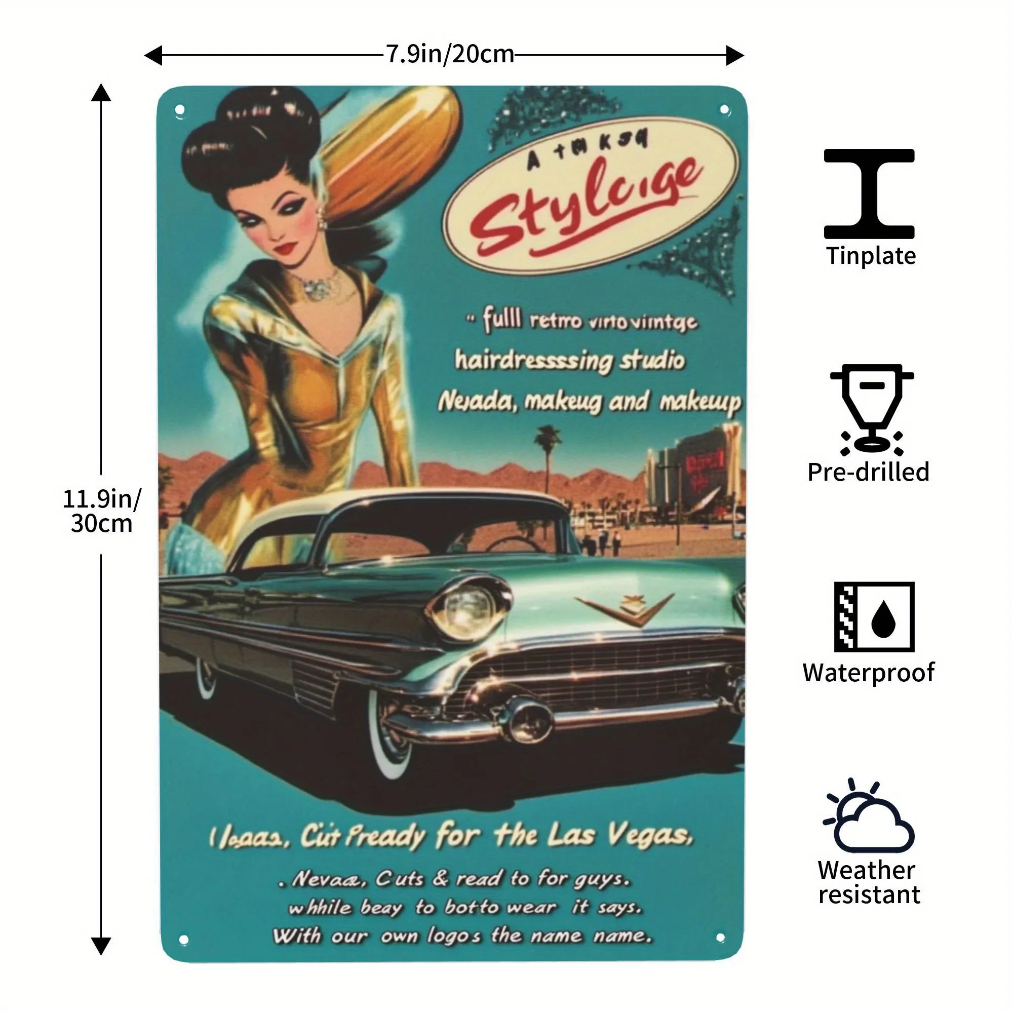Vintage Las Vegas Retro Metal Tin Sign -  Vertical Wall Art with Classic Car & Glamorous Woman Design, Durable Iron Sheet Decor