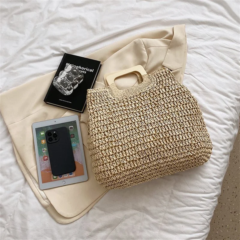 Fashion Straw Handbag Women Large Capacity Handle Bag Summer Handmade Woven Totes Vacation Beach Bag Travel Lady Bags