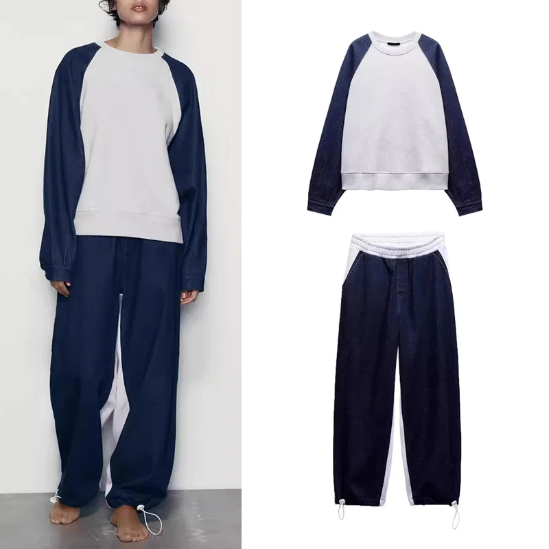 

Spring Summer New Women's Denim Sweatirt Casual High Waist Pants Patchwork Leisure Long Sve round Ne Two-Piece Set