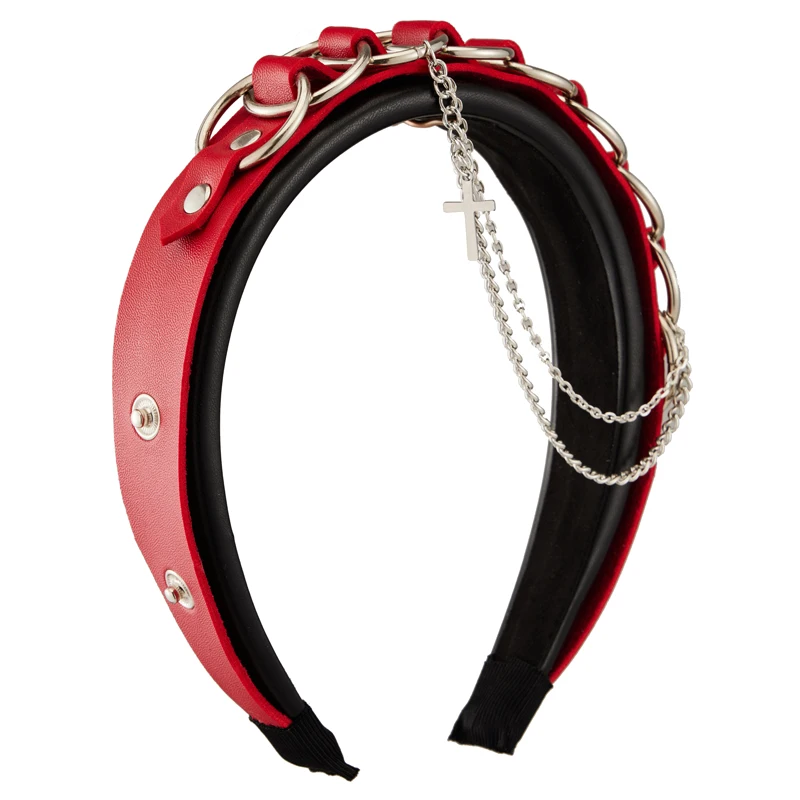 

Y2K Women Girl Buckle Leather Headband KC Lolita Retro Black Red Chain Ring Cross Hair Hoop Harajuku Punk Hairbands