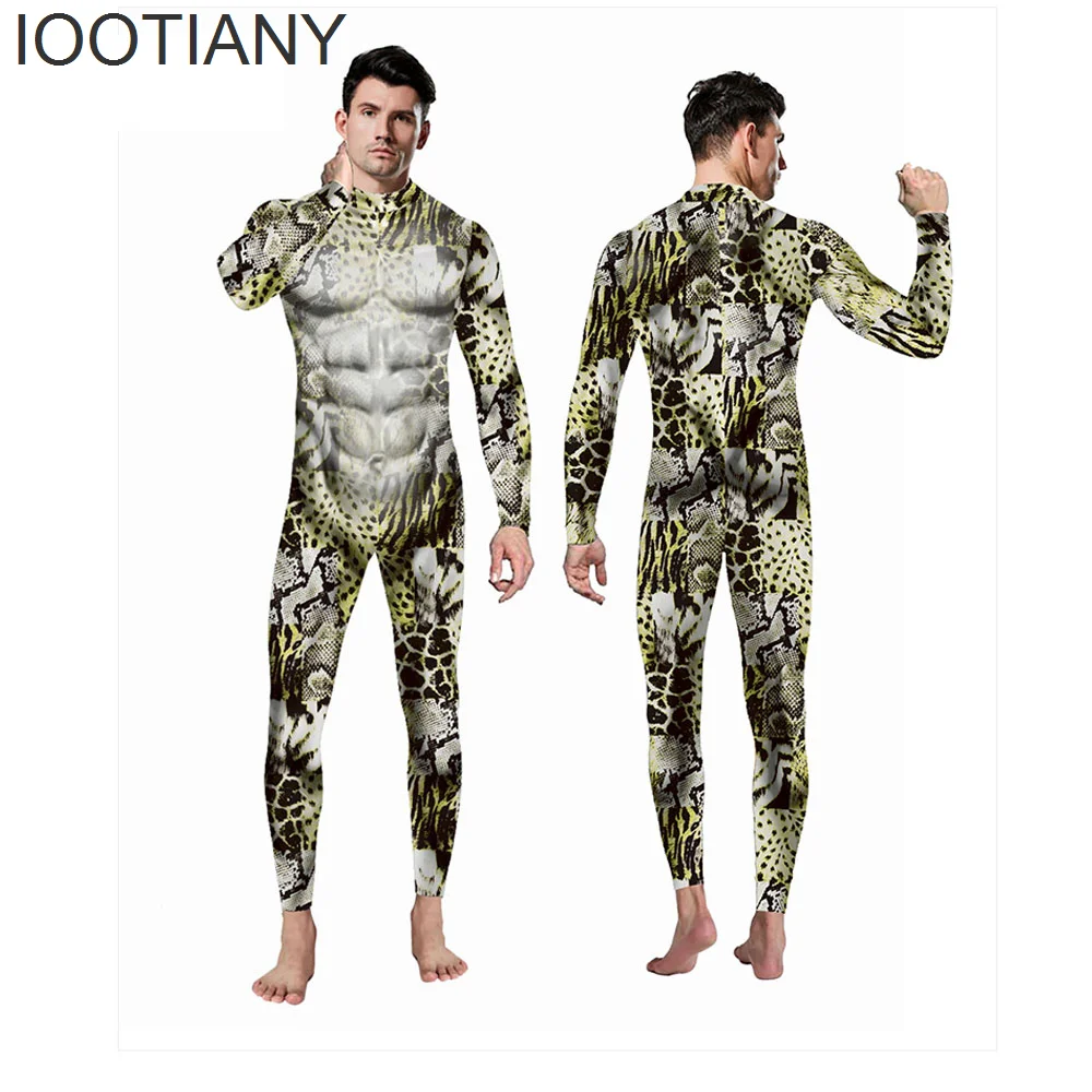 IOOTIANY New Women Cosplay Fancy Sexy Zentai Jumpsuit Leopard Chain Muscle Print Bodysuit Festivals Party Holiday Robot Romper