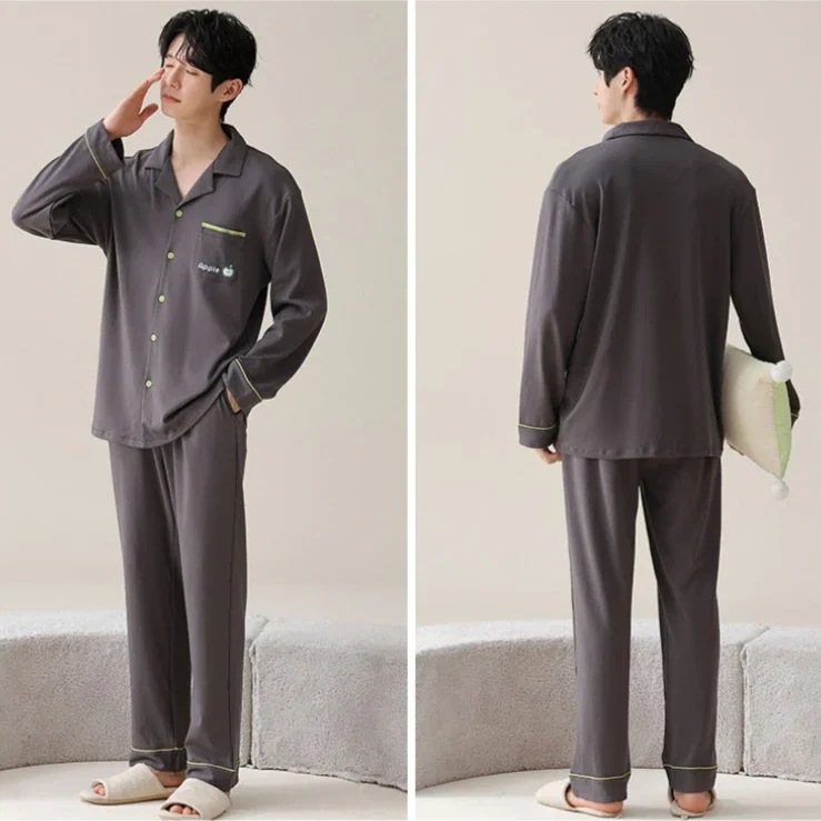 Pyjama de printemps en pur coton pour hommes, chemise à manches longues, vêtements de détente monochromes, vêtements de nuit doux, vêtements de nuit coréens, fjzones, grande taille