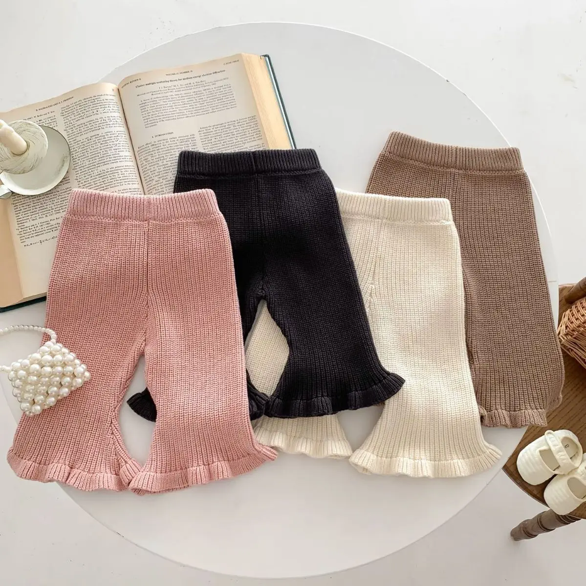 2026Autumn Winter New Candy-colored Girl's Knitted Bell Bottoms Casual Pants and Leggings Korea Baby Knitted Pants