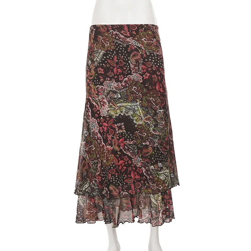 retro ethnic style printed flower mesh skirt summer vacation style wrapper hip long skirts for women
