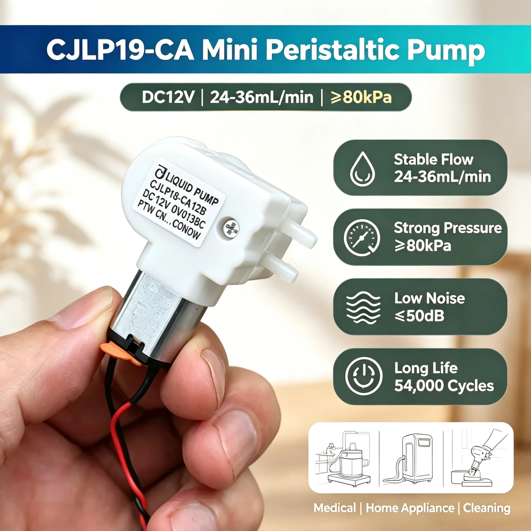 CJLP19-CA12B DC12V Self-Priming Micro Peristaltic Pump 24-36mL/min Liquid Dosing Water Pump for Lab Medical Household And Cleani