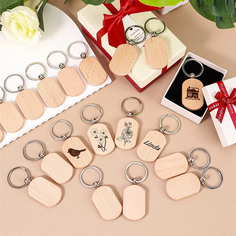 100Pcs Wooden Blanks Keychain Pendants Keyrings DIY Wood ID Tags Gifts Decoration