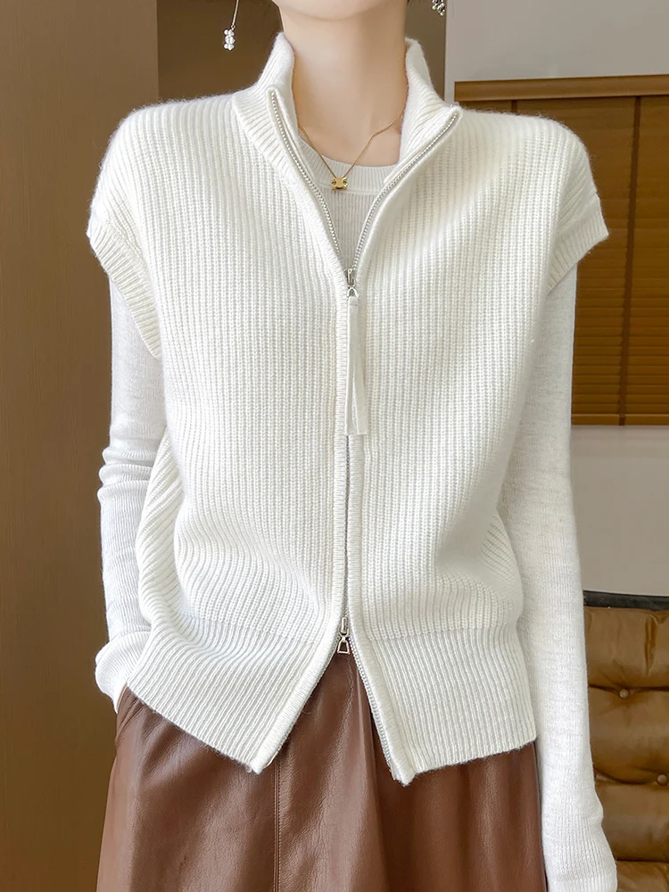 New Chic Autumn Winter Women Cashmere Vest 100% Merino Wool Sweater Waistcoat Turn Down Collar Zipper Knitwear Top Clothing