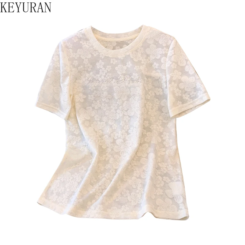 2024 Summer Lace Floral Jacquard Short Sleeve T-shirt Women Korean Fashion Vintage Clothes O-Neck Pullover Hot Drill Tees Tops