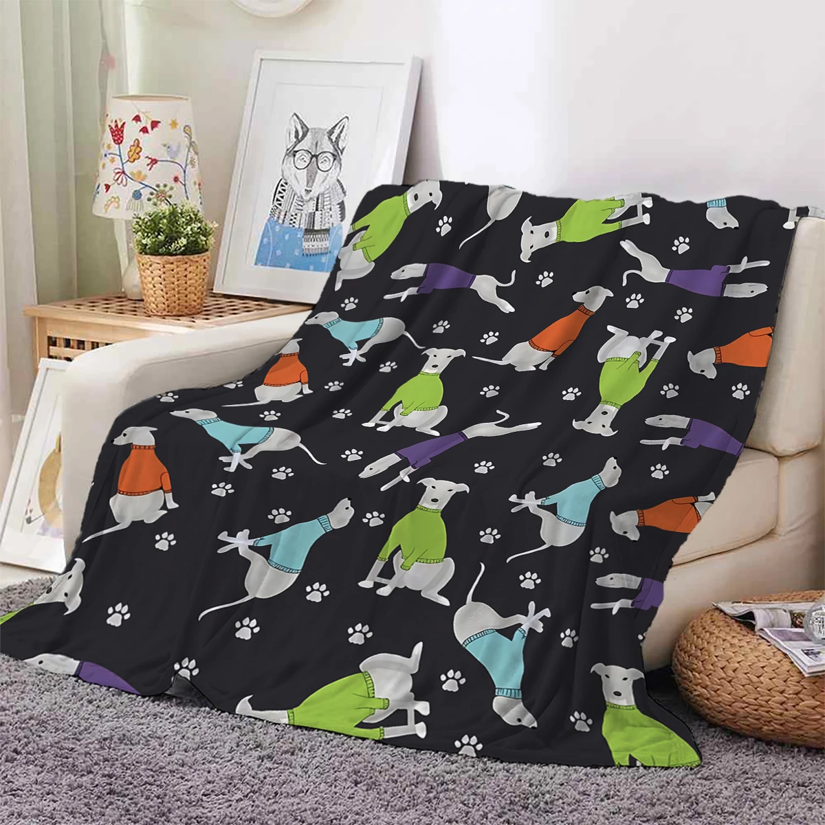 1pc Italian Greyhound digital printed flannel blanket, warm, skin-friendly, suitable for office, home, travel, camping