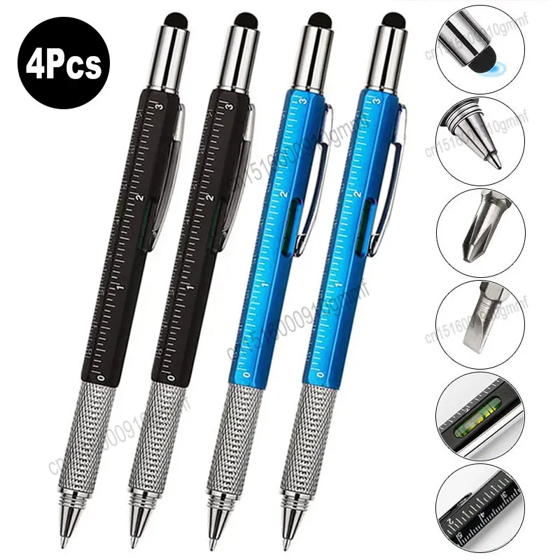 

4Pcs Set Multifunction Ballpoint Pen Blue Black Ink With Measure Ruler Screwdriver Touch Screen Stylus Tool Writing Stationery