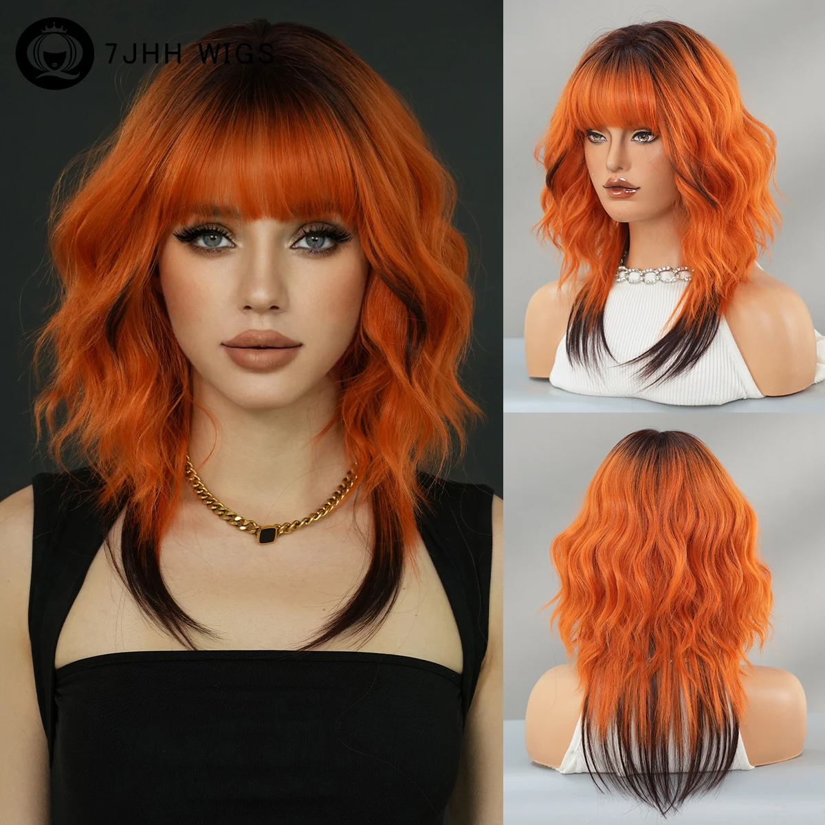 

Shoulder Length Body Wavy Orange Wig for Women High Density Synthetic Heat-Resistant Modest Fashion Wigs with Dark Roots