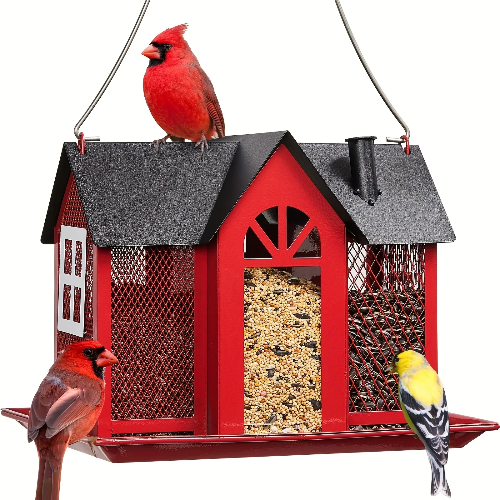 

Bird Feeder House for Outside Metal Mesh Wild Bird Feeder with Triple Feeders for Finch Cardinal Chickadee Large Weatherproof