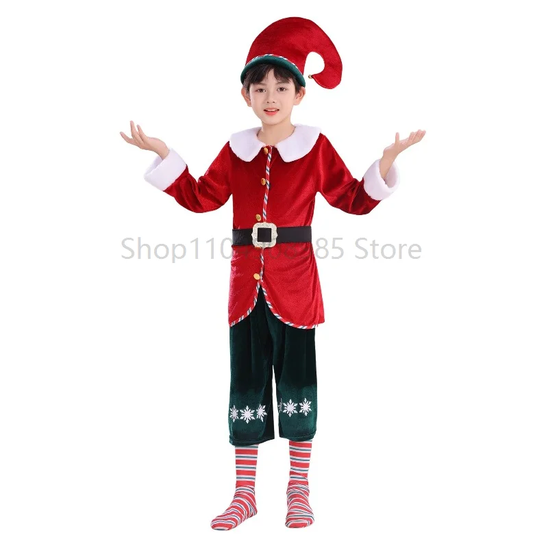 

Christmas Red Elf Cosplay Costume for Boys Girls Fairy Cosplay Outfit with Hat Santa's Party Stage Performance Xmas Gifts